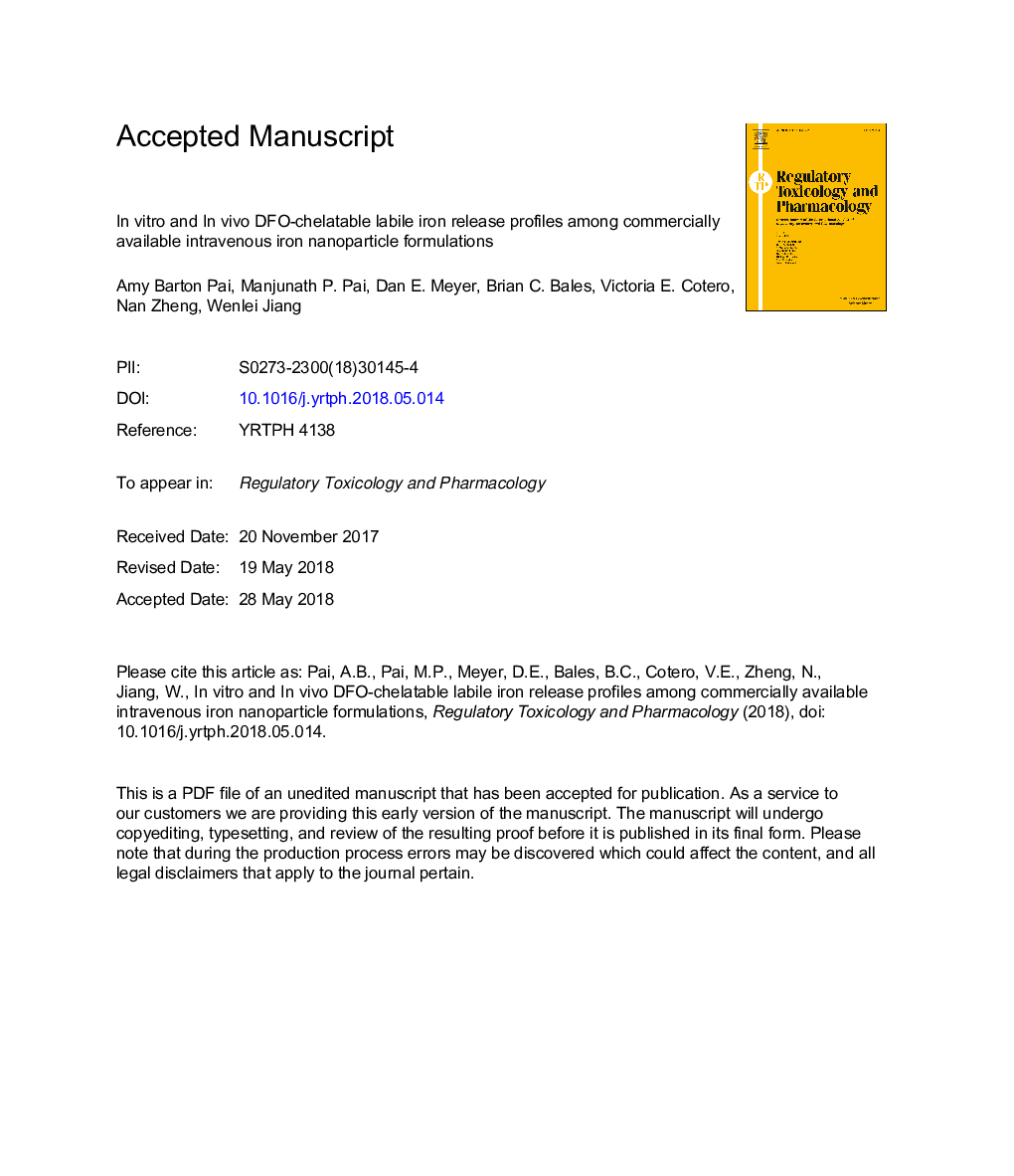 In vitro and in vivo DFO-chelatable labile iron release profiles among commercially available intravenous iron nanoparticle formulations