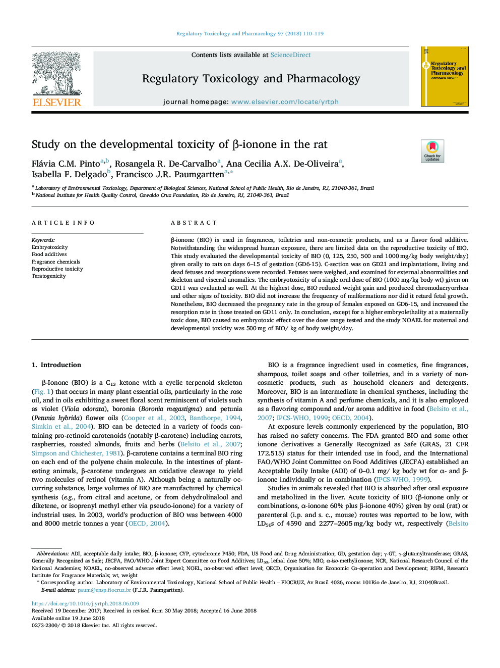 Study on the developmental toxicity of Î²-ionone in the rat