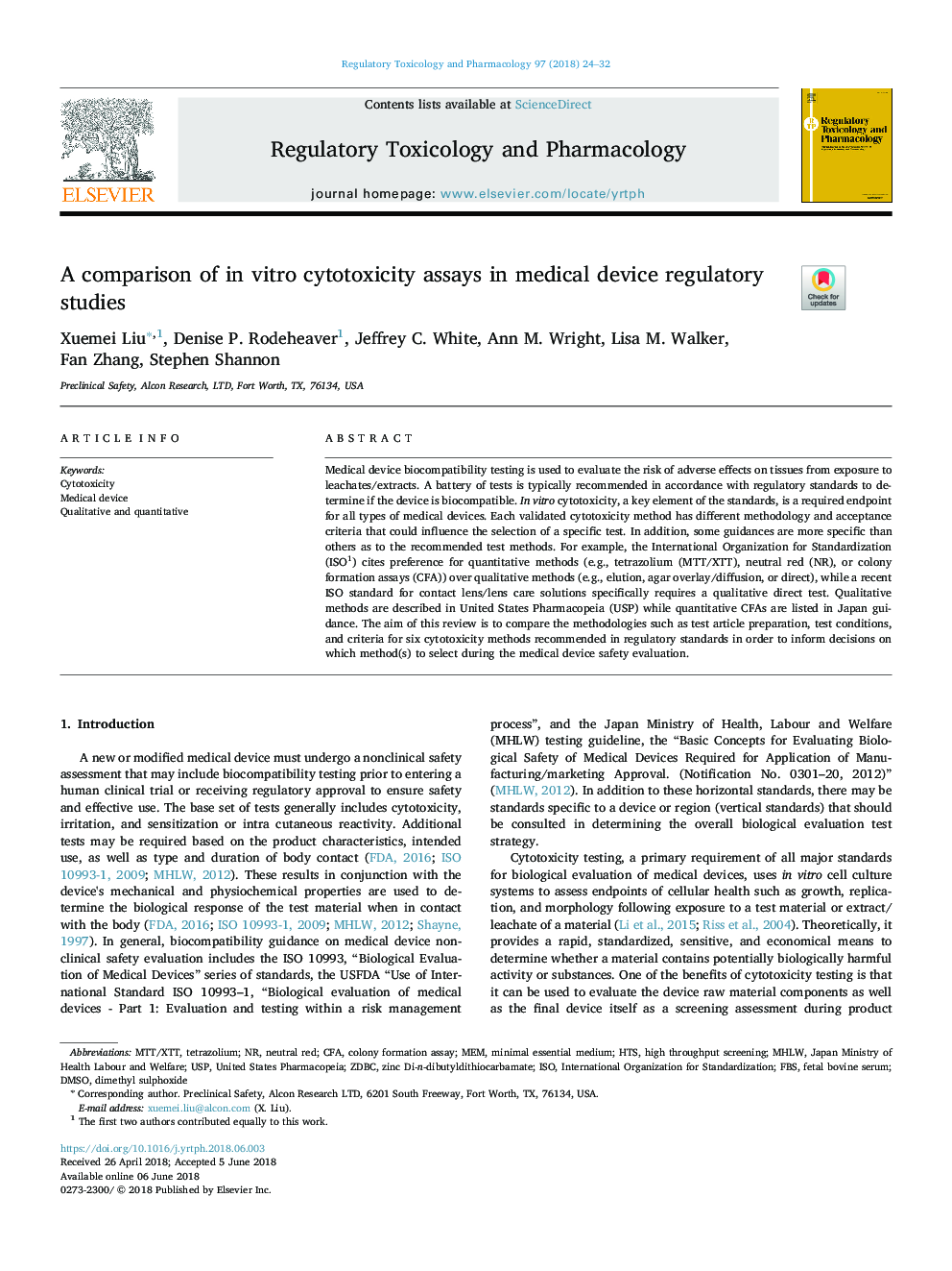 A comparison of in vitro cytotoxicity assays in medical device regulatory studies