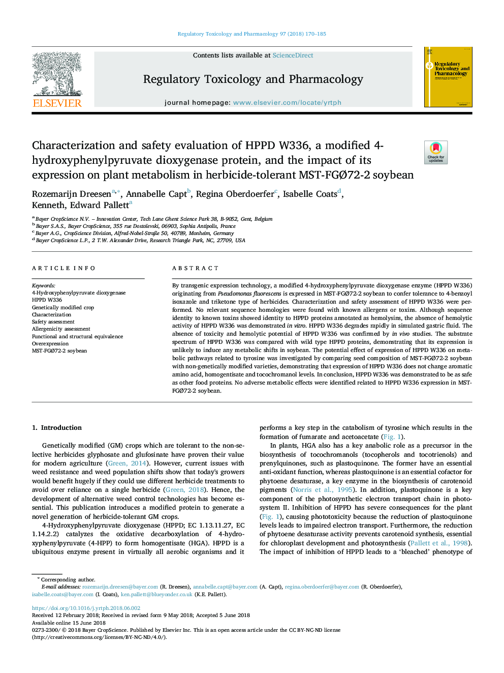 Characterization and safety evaluation of HPPD W336, a modified 4-hydroxyphenylpyruvate dioxygenase protein, and the impact of its expression on plant metabolism in herbicide-tolerant MST-FGÃ72-2 soybean