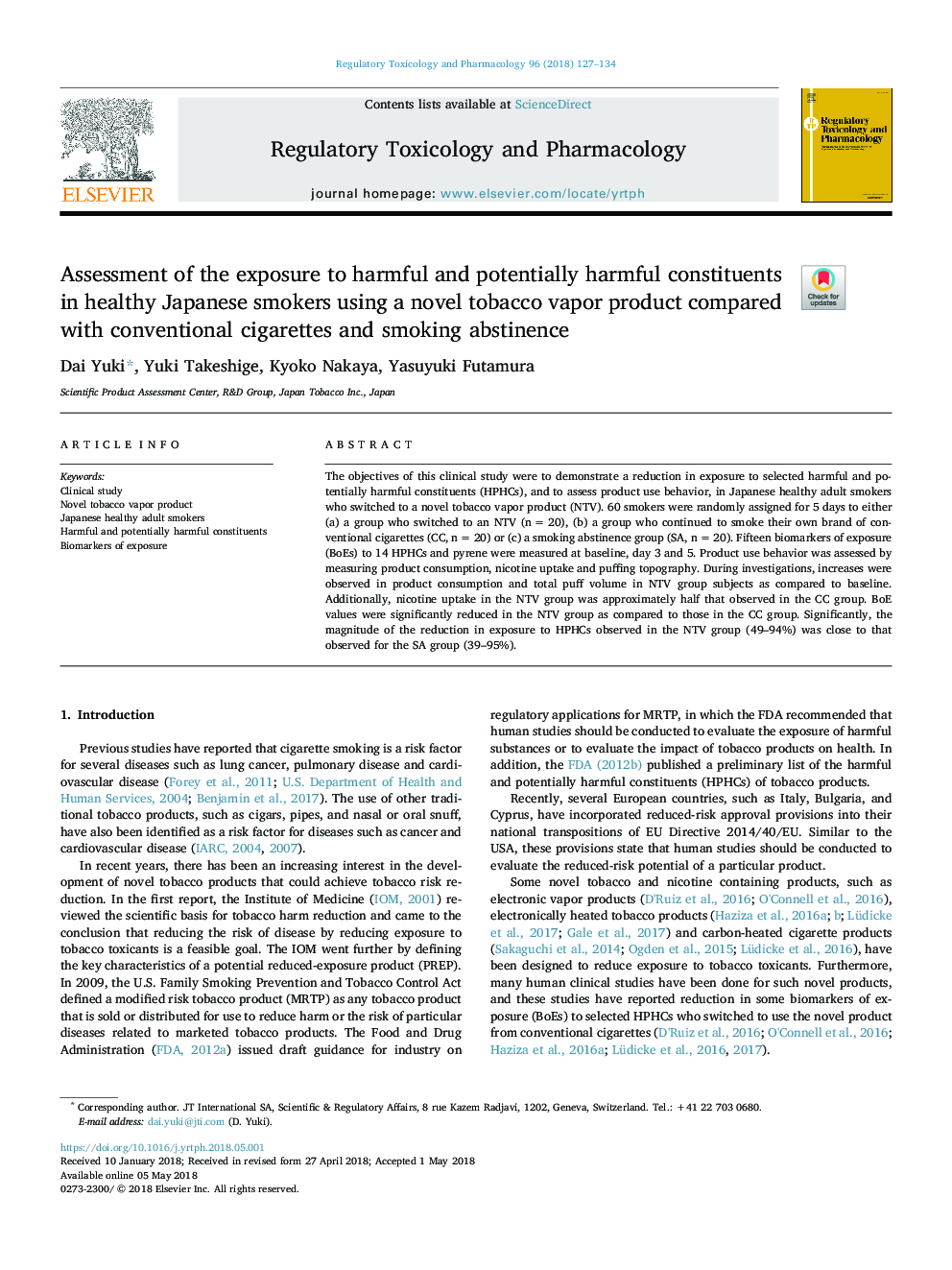 Assessment of the exposure to harmful and potentially harmful constituents in healthy Japanese smokers using a novel tobacco vapor product compared with conventional cigarettes and smoking abstinence