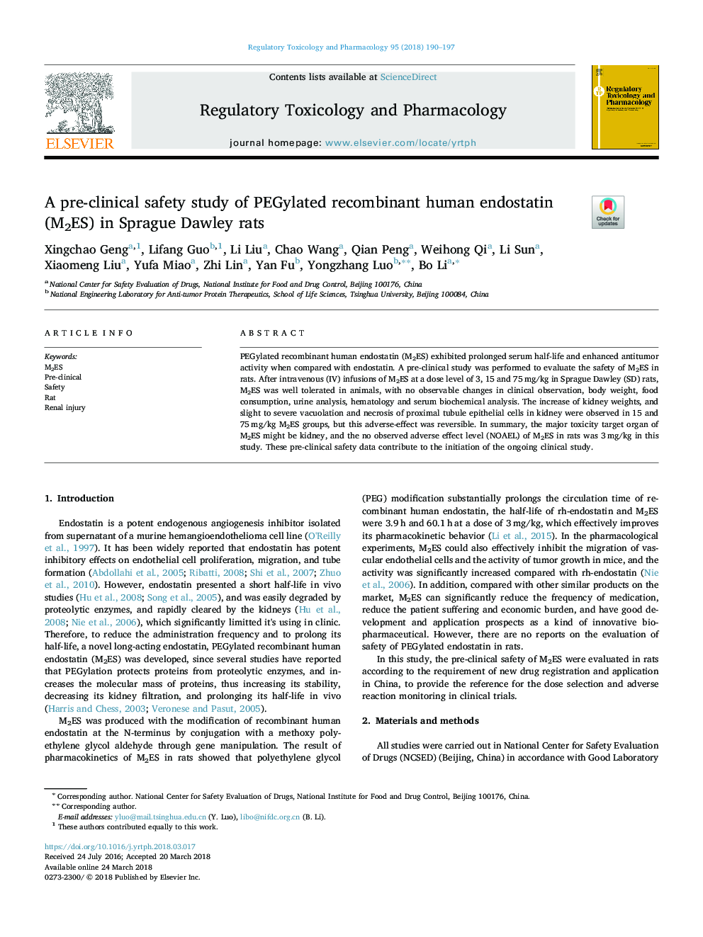 A pre-clinical safety study of PEGylated recombinant human endostatin (M2ES) in Sprague Dawley rats