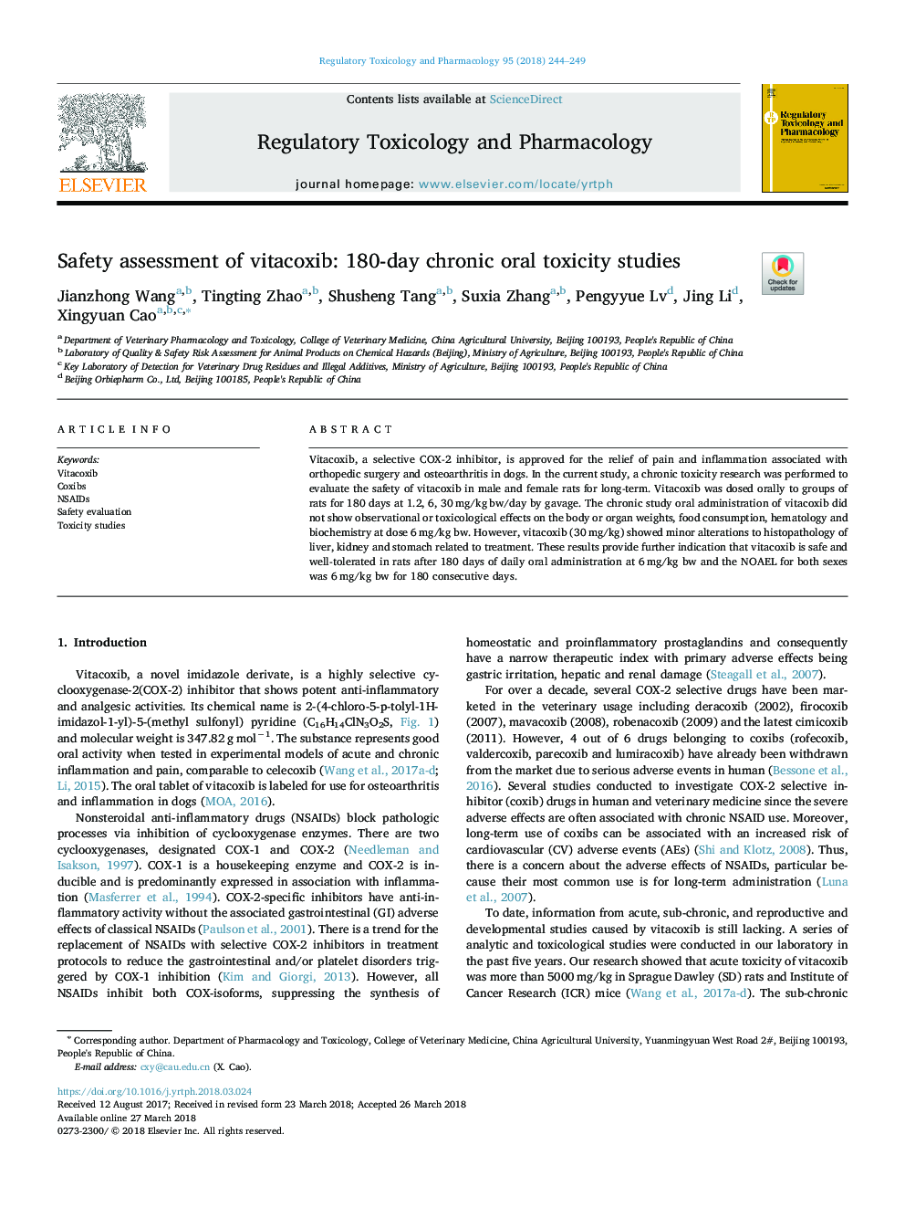 Safety assessment of vitacoxib: 180-day chronic oral toxicity studies