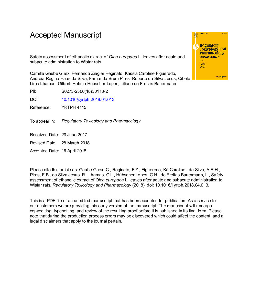 Safety assessment of ethanolic extract of Olea europaea L. leaves after acute and subacute administration to Wistar rats