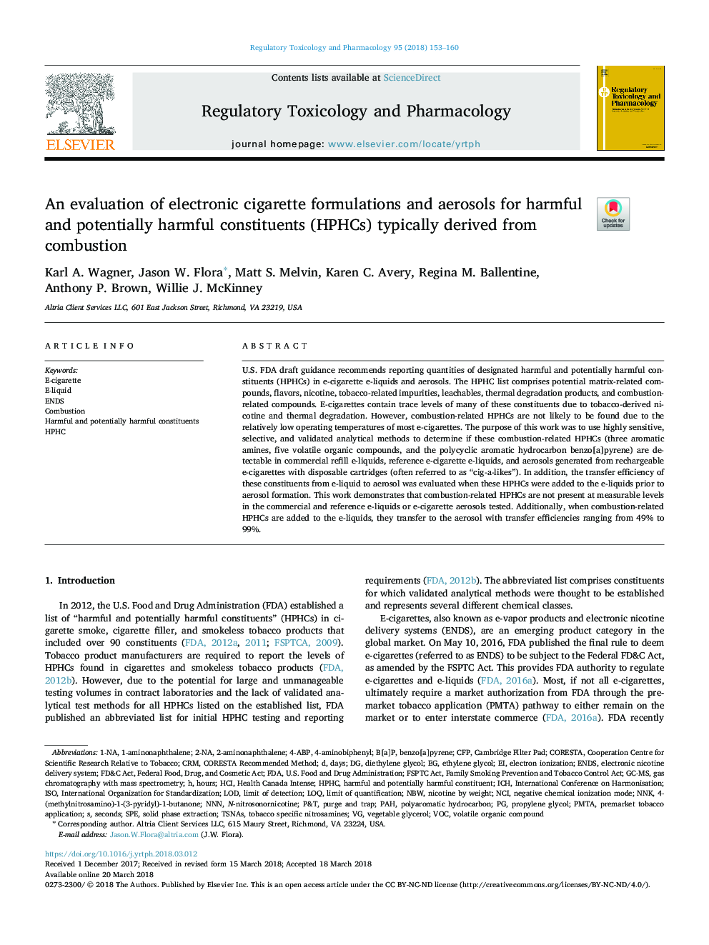 An evaluation of electronic cigarette formulations and aerosols for harmful and potentially harmful constituents (HPHCs) typically derived from combustion