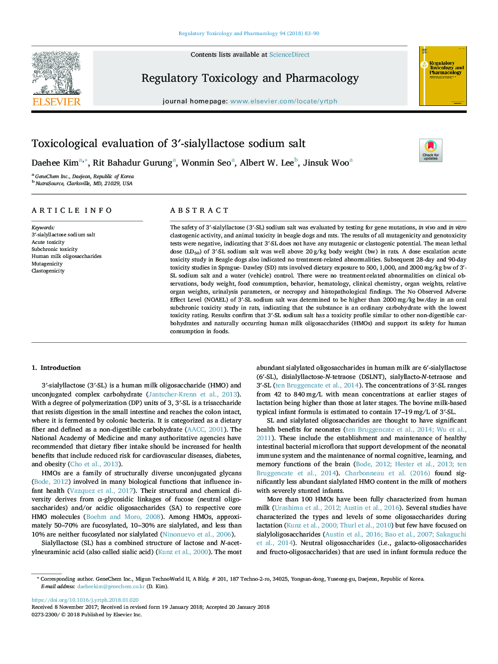 Toxicological evaluation of 3â²-sialyllactose sodium salt