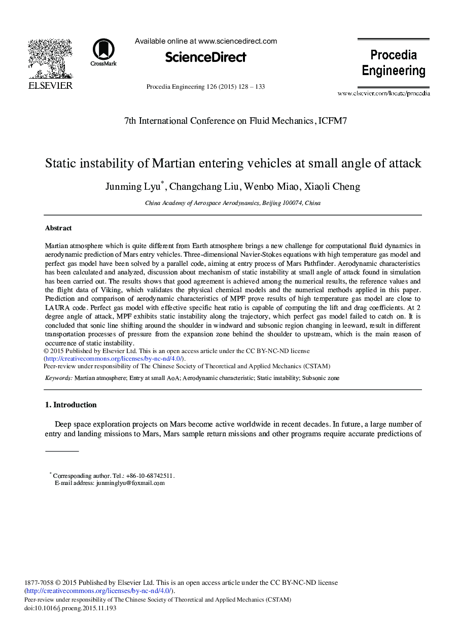 Static Instability of Martian Entering Vehicles at Small Angle of Attack 