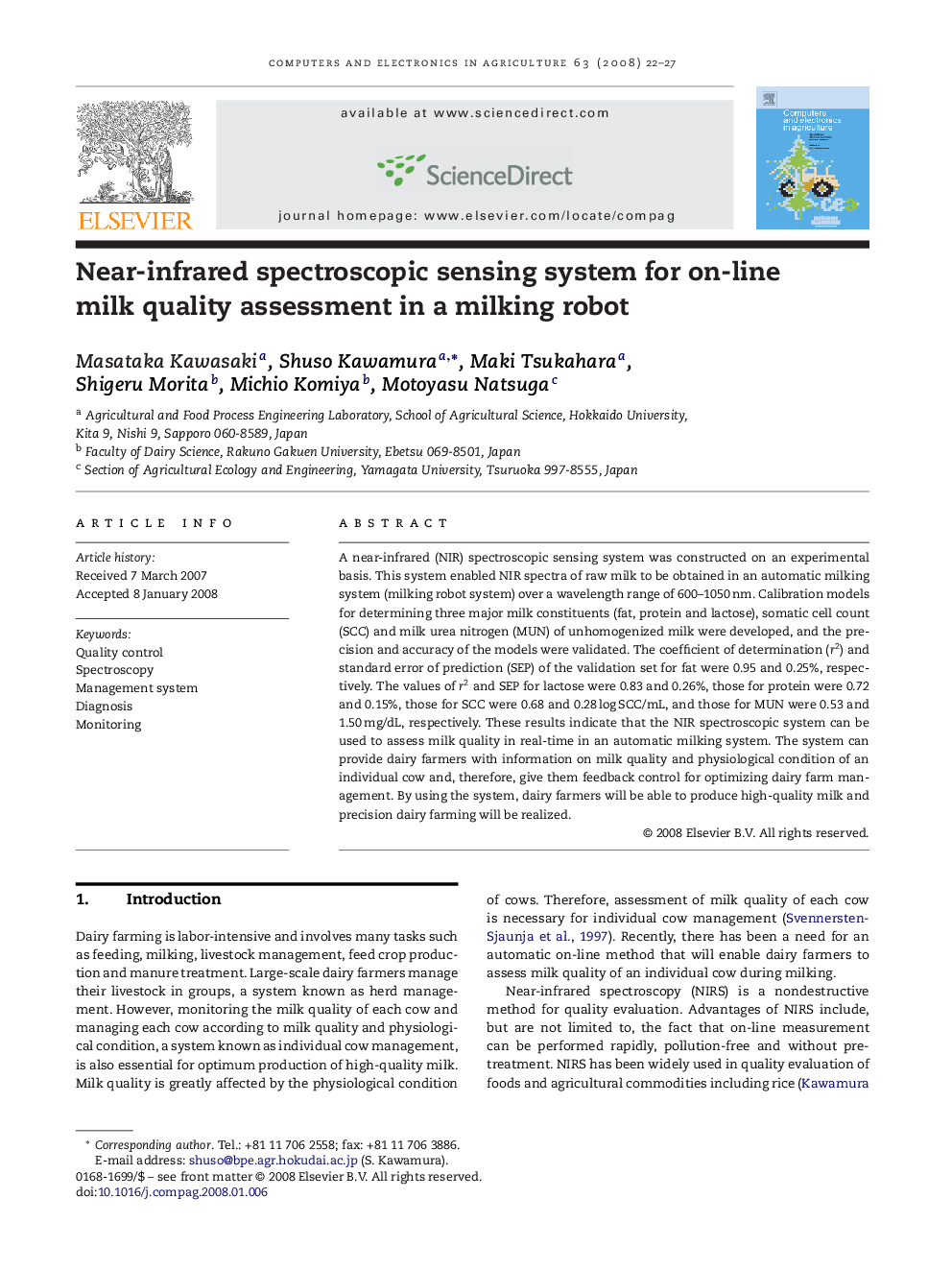 Near-infrared spectroscopic sensing system for on-line milk quality assessment in a milking robot