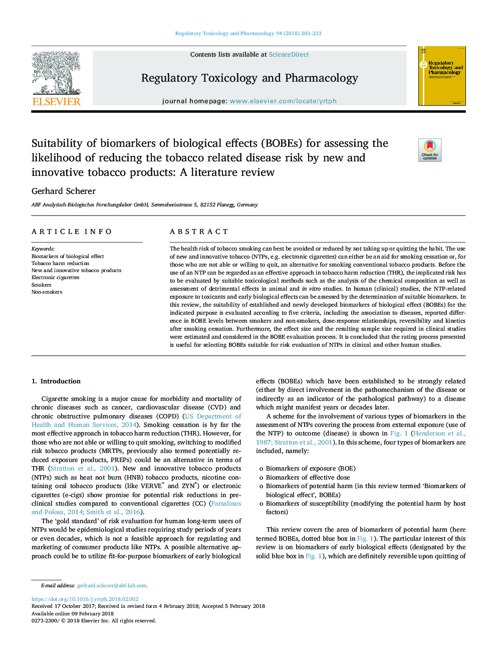 Suitability of biomarkers of biological effects (BOBEs) for assessing the likelihood of reducing the tobacco related disease risk by new and innovative tobacco products: A literature review