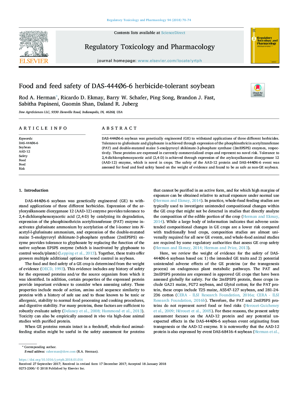 Food and feed safety of DAS-444Ã6-6 herbicide-tolerant soybean