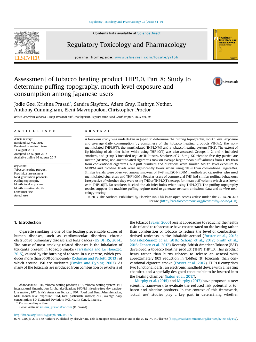 Assessment of tobacco heating product THP1.0. Part 8: Study to determine puffing topography, mouth level exposure and consumption among Japanese users