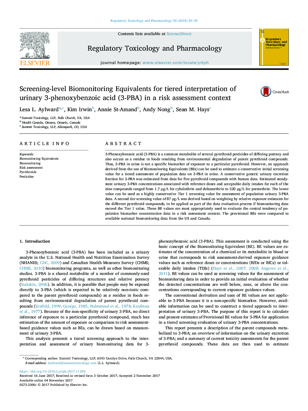 Screening-level Biomonitoring Equivalents for tiered interpretation of urinary 3-phenoxybenzoic acid (3-PBA) in a risk assessment context