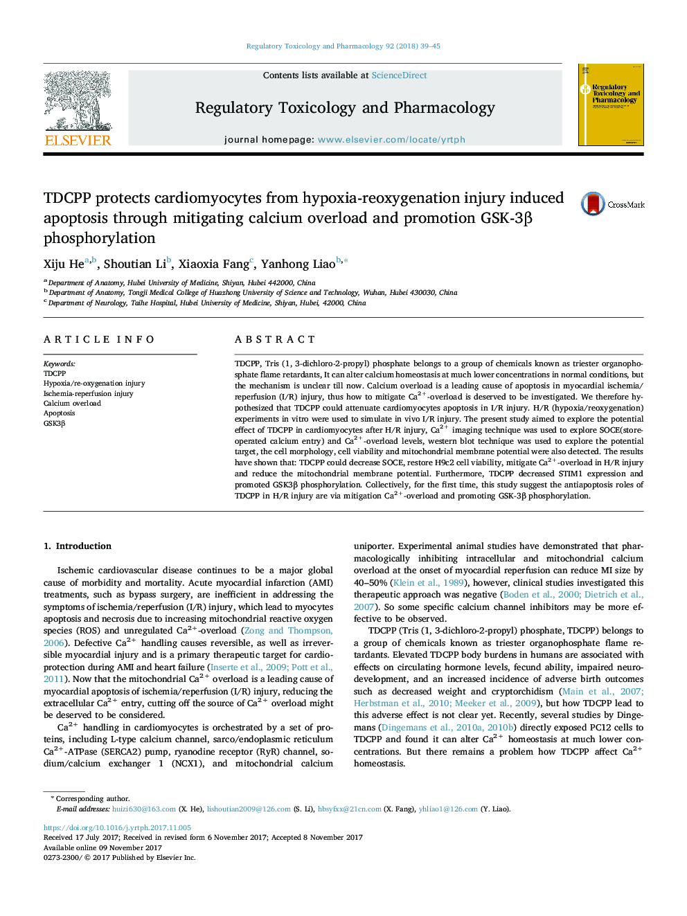 TDCPP protects cardiomyocytes from hypoxia-reoxygenation injury induced apoptosis through mitigating calcium overload and promotion GSK-3Î² phosphorylation