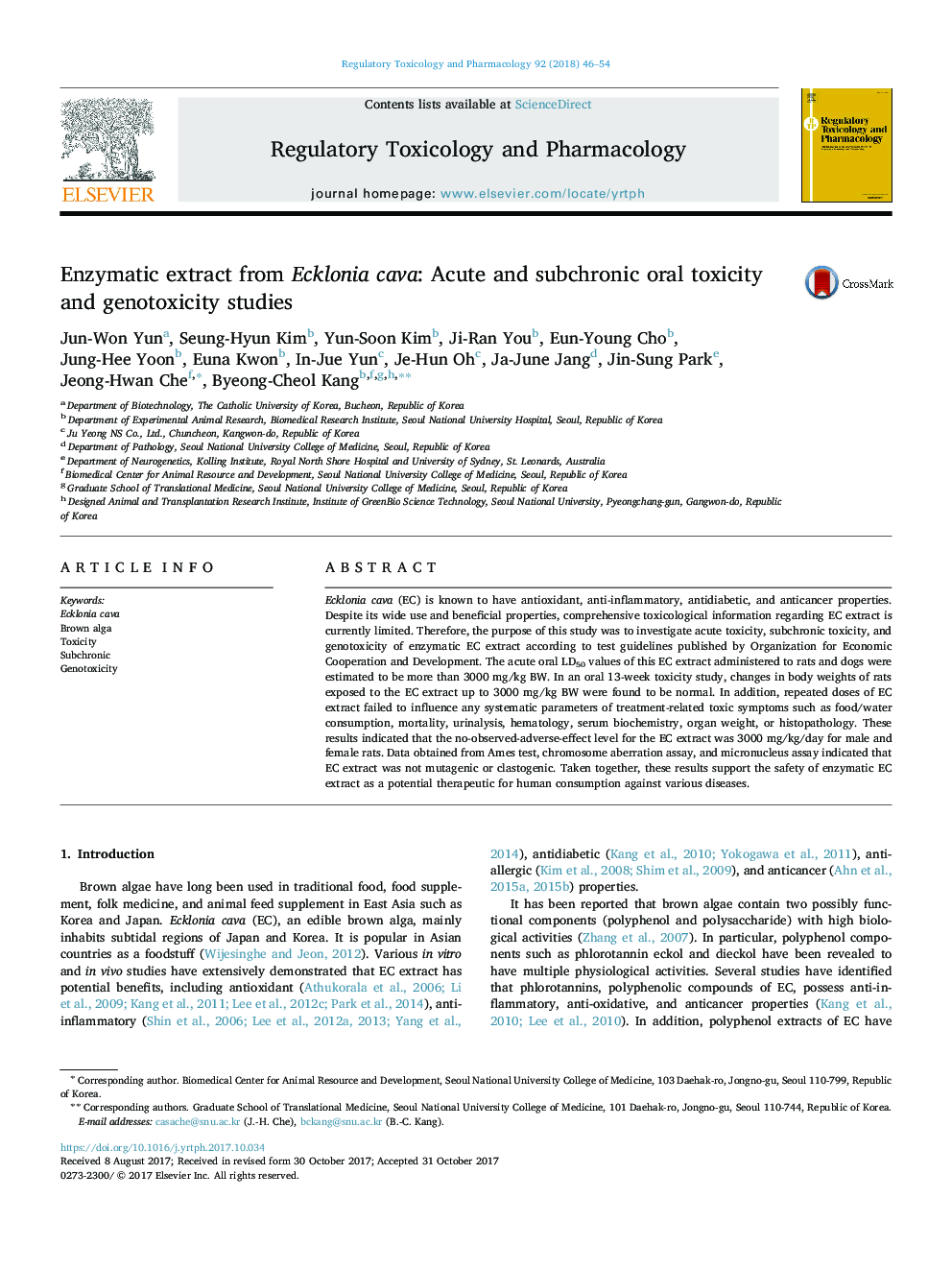 Enzymatic extract from Ecklonia cava: Acute and subchronic oral toxicity and genotoxicity studies