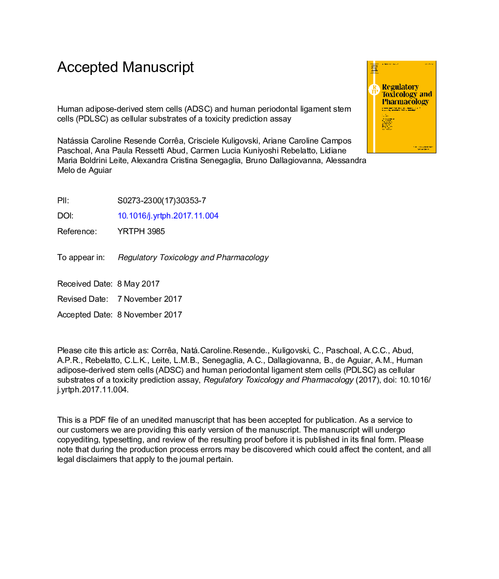 Human adipose-derived stem cells (ADSC) and human periodontal ligament stem cells (PDLSC) as cellular substrates of a toxicity prediction assay