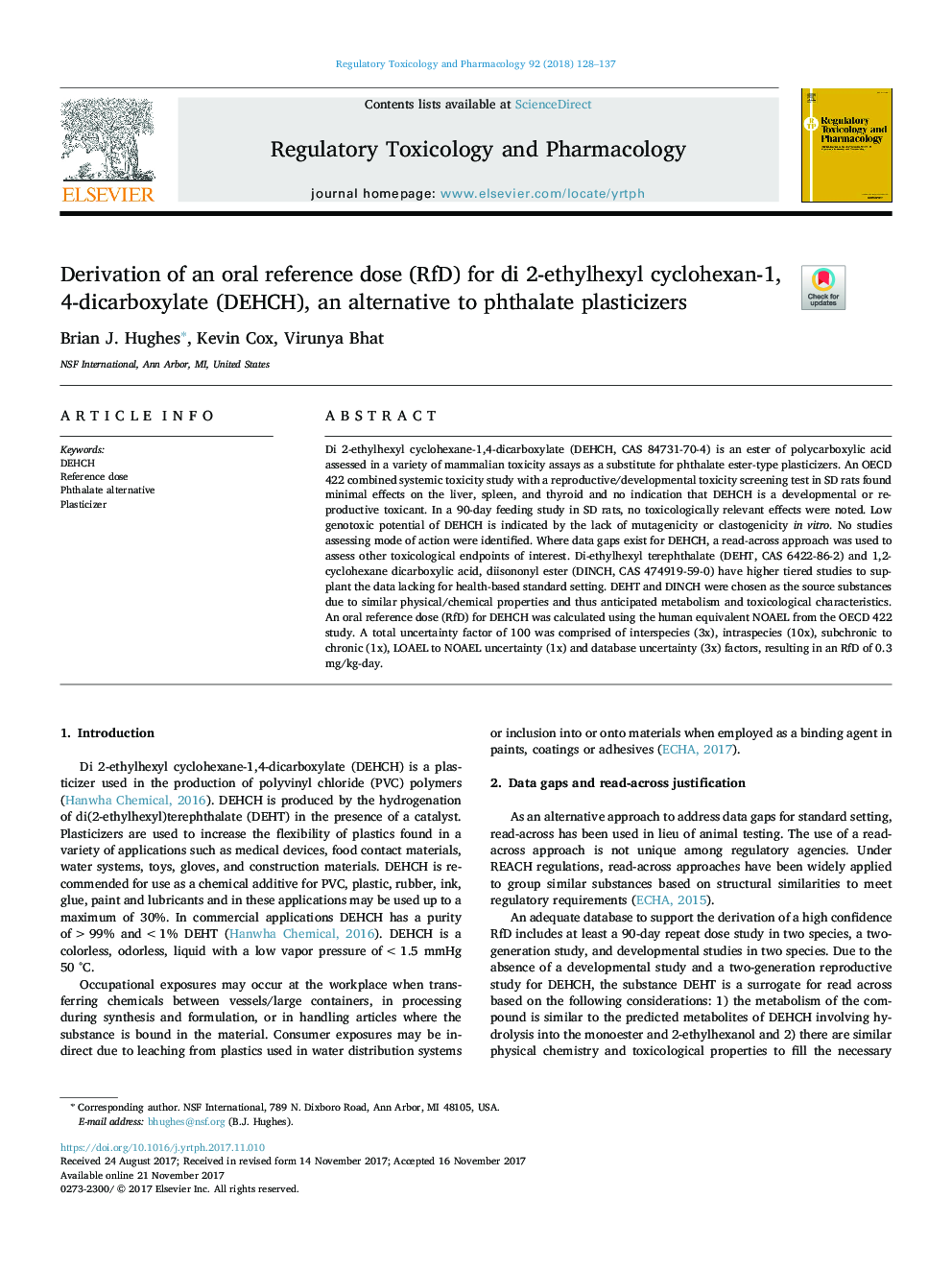 Derivation of an oral reference dose (RfD) for di 2-ethylhexyl cyclohexan-1,4-dicarboxylate (DEHCH), an alternative to phthalate plasticizers