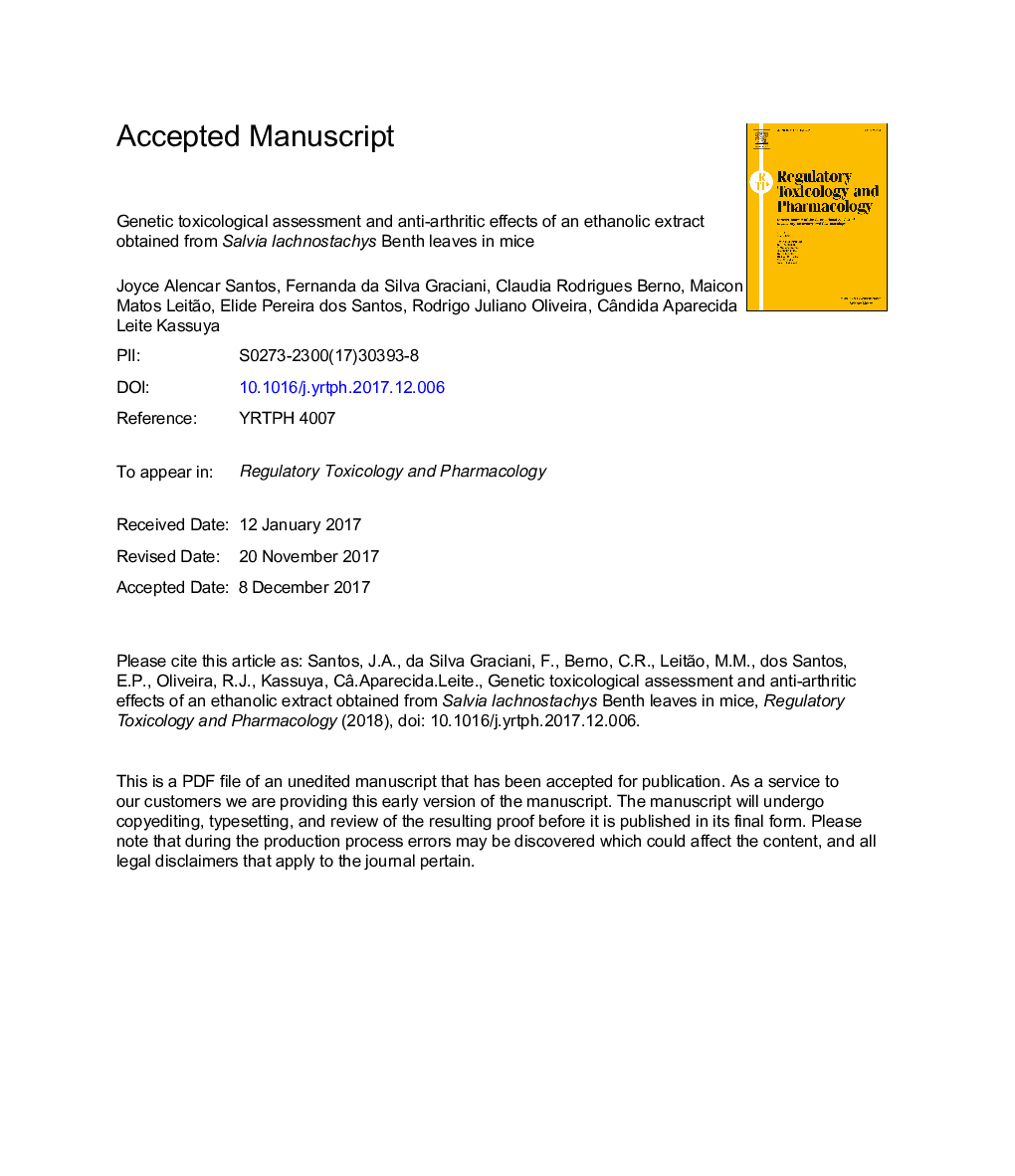 Genetic toxicological assessment and anti-arthritic effects of an ethanolic extract obtained from Salvia lachnostachys Benth leaves in mice