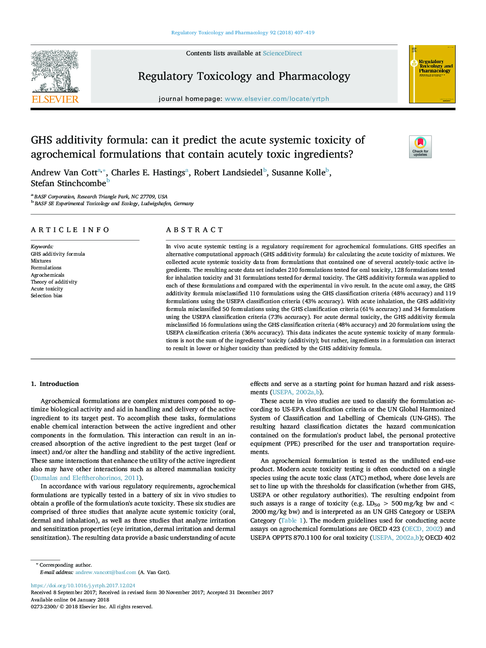 GHS additivity formula: can it predict the acute systemic toxicity of agrochemical formulations that contain acutely toxic ingredients?