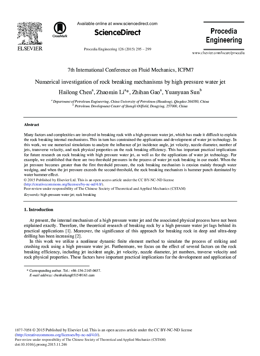 Numerical Investigation of Rock Breaking Mechanisms by High Pressure Water Jet 