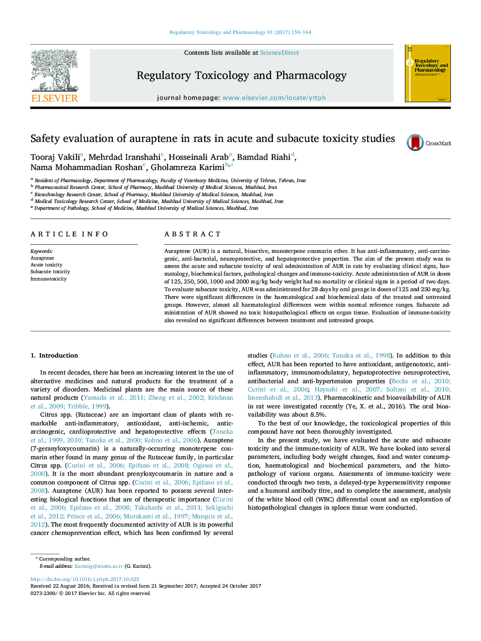 Safety evaluation of auraptene in rats in acute and subacute toxicity studies