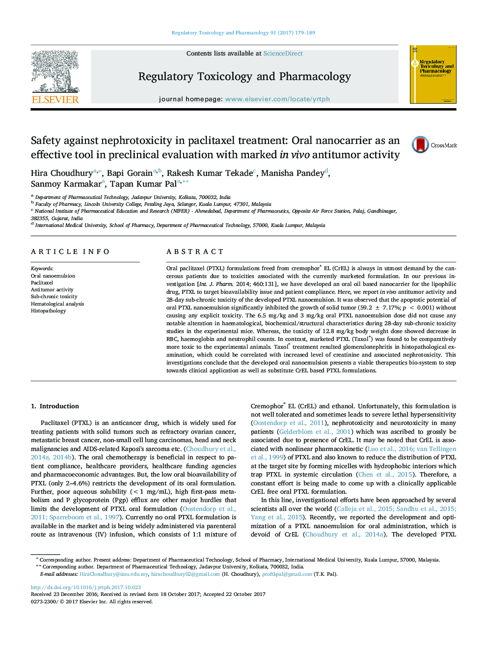 Safety against nephrotoxicity in paclitaxel treatment: Oral nanocarrier as an effective tool in preclinical evaluation with marked in vivo antitumor activity