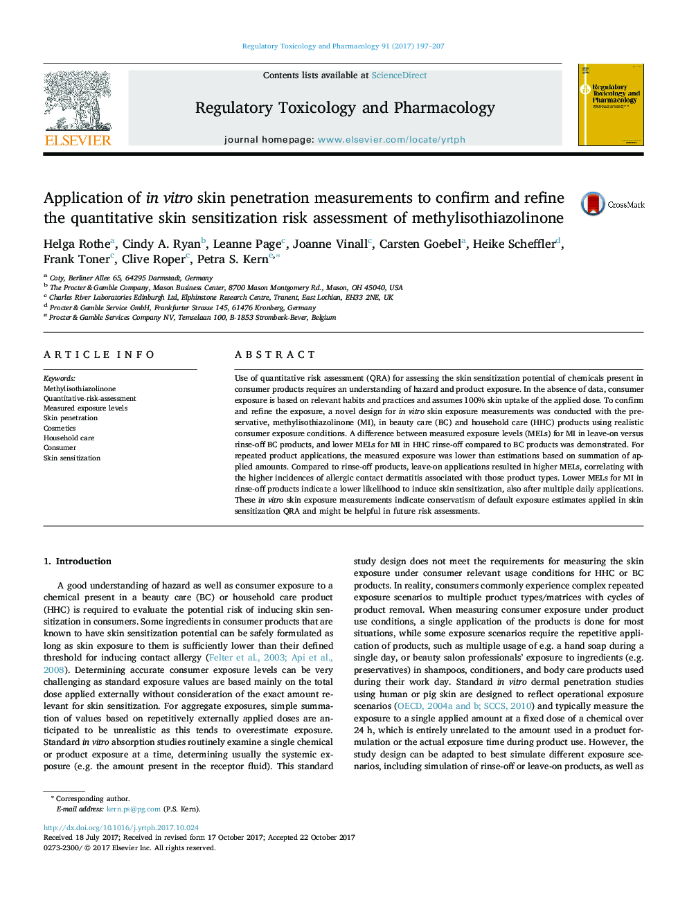 Application of in vitro skin penetration measurements to confirm and refine the quantitative skin sensitization risk assessment of methylisothiazolinone