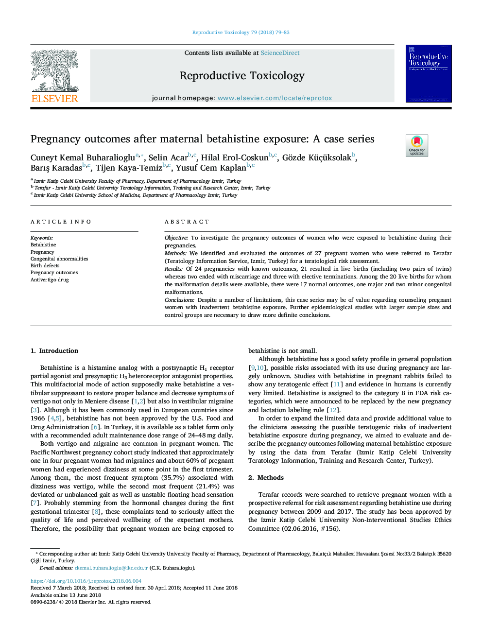 Pregnancy outcomes after maternal betahistine exposure: A case series