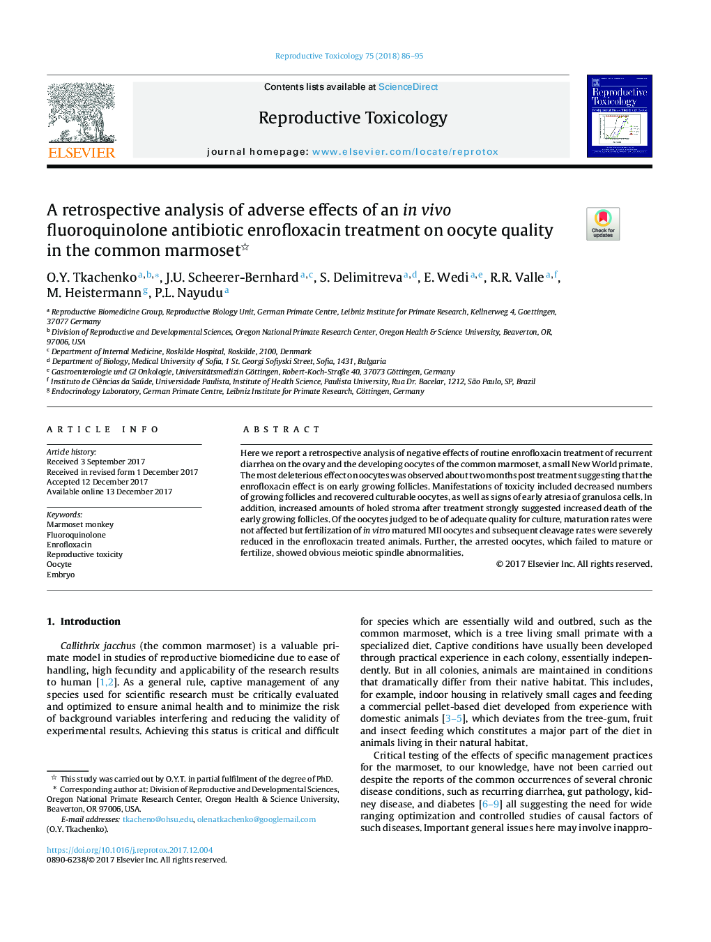 A retrospective analysis of adverse effects of an in vivo fluoroquinolone antibiotic enrofloxacin treatment on oocyte quality in the common marmoset