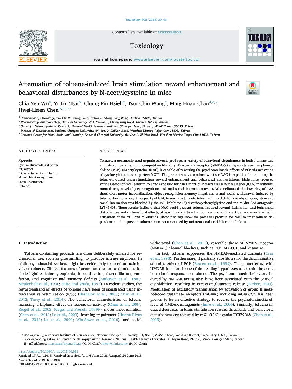 Attenuation of toluene-induced brain stimulation reward enhancement and behavioral disturbances by N-acetylcysteine in mice