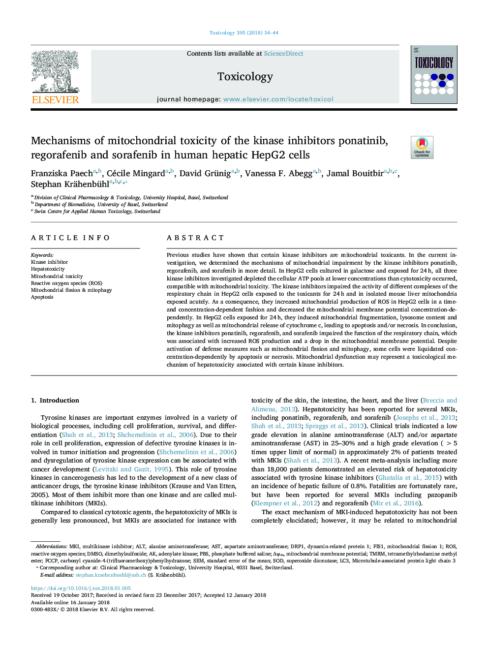 Mechanisms of mitochondrial toxicity of the kinase inhibitors ponatinib, regorafenib and sorafenib in human hepatic HepG2 cells
