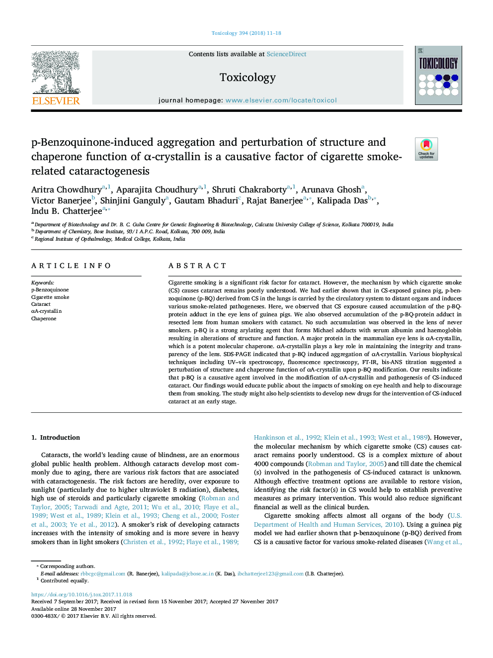 p-Benzoquinone-induced aggregation and perturbation of structure and chaperone function of Î±-crystallin is a causative factor of cigarette smoke-related cataractogenesis