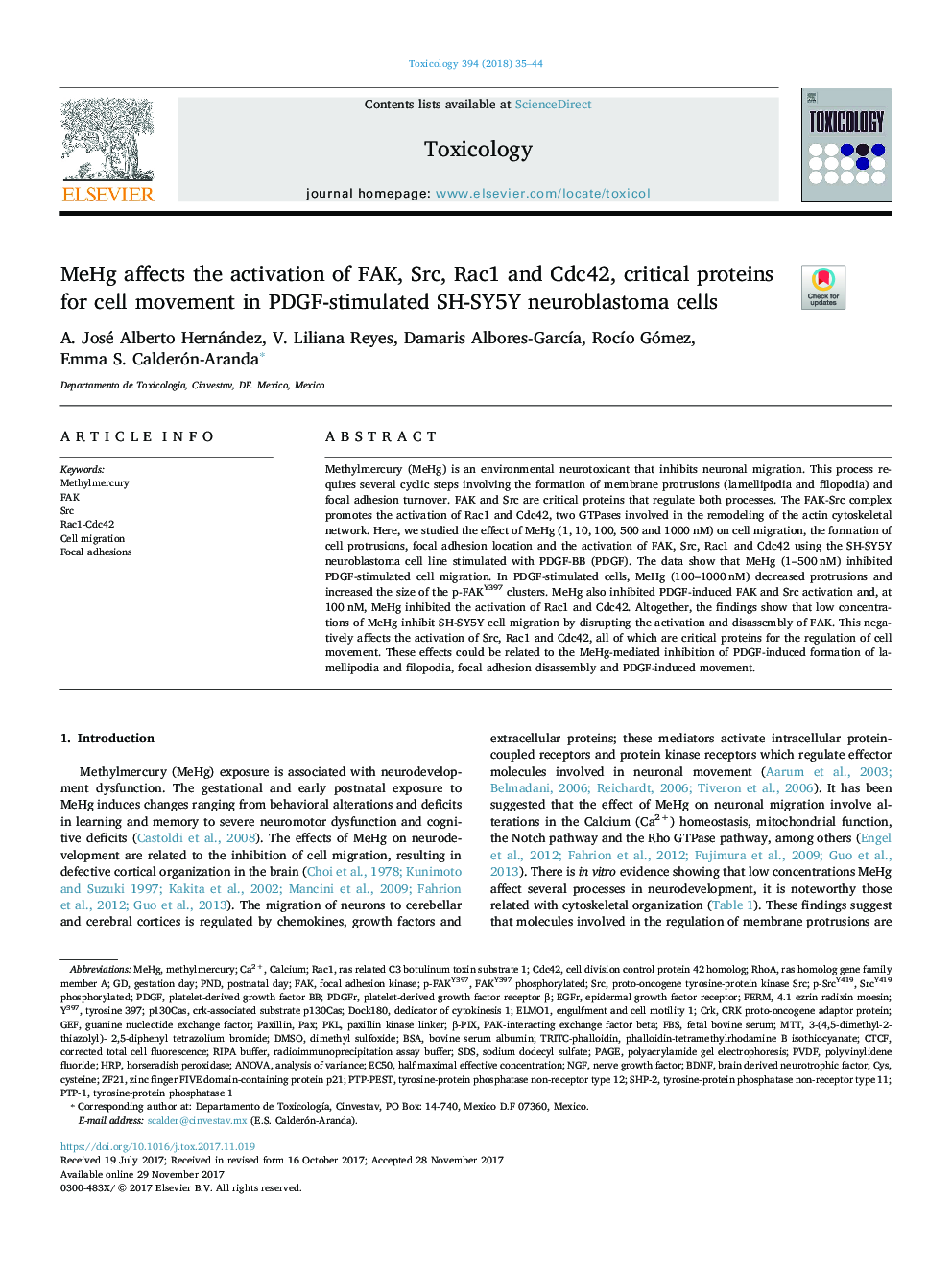 MeHg affects the activation of FAK, Src, Rac1 and Cdc42, critical proteins for cell movement in PDGF-stimulated SH-SY5Y neuroblastoma cells