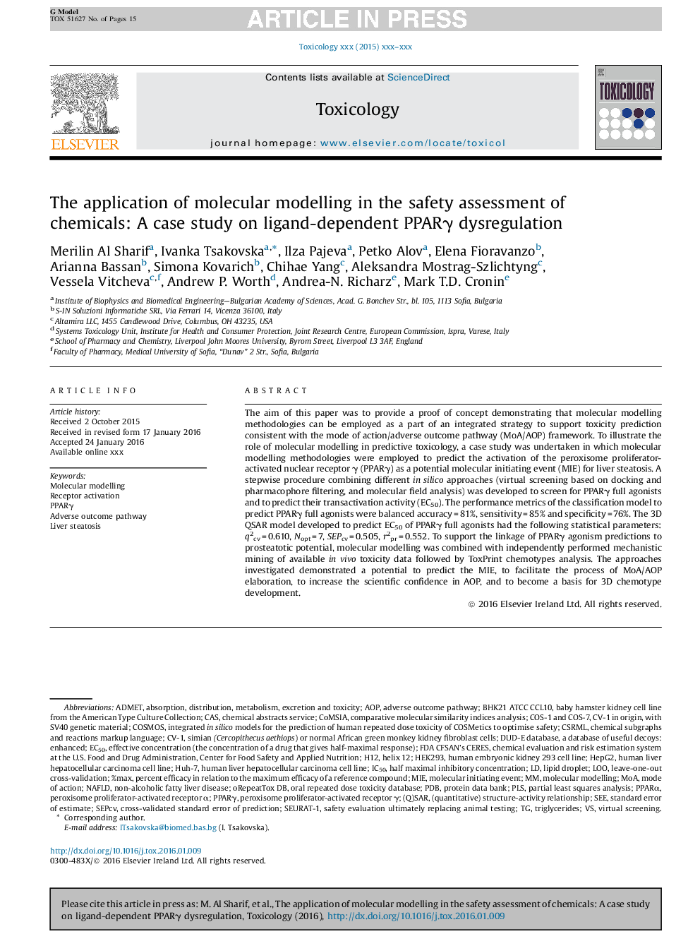 عکس صفحه اول مقاله: The application of molecular modelling in the safety assessment of chemicals: A case study on ligand-dependent PPARγ dysregulation The application of molecular modelling in the safety assessment of chemicals: A case study on ligand-dependent PPARγ dysregulation