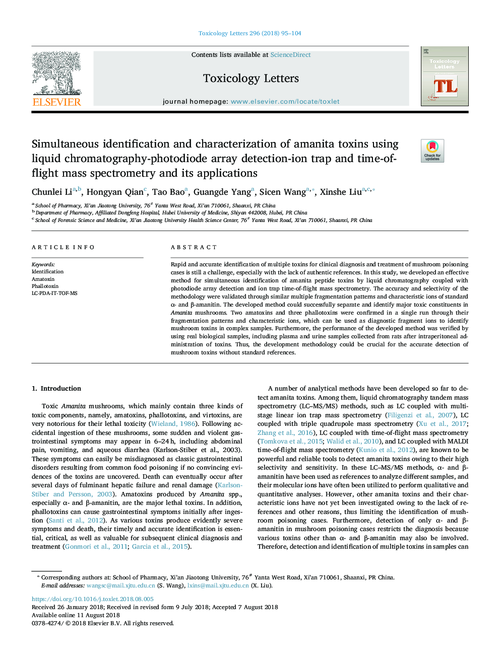 Simultaneous identification and characterization of amanita toxins using liquid chromatography-photodiode array detection-ion trap and time-of-flight mass spectrometry and its applications