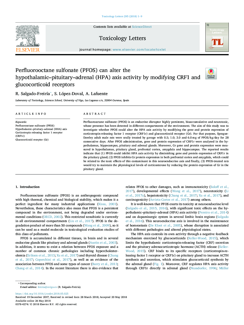 Perfluorooctane sulfonate (PFOS) can alter the hypothalamic-pituitary-adrenal (HPA) axis activity by modifying CRF1 and glucocorticoid receptors