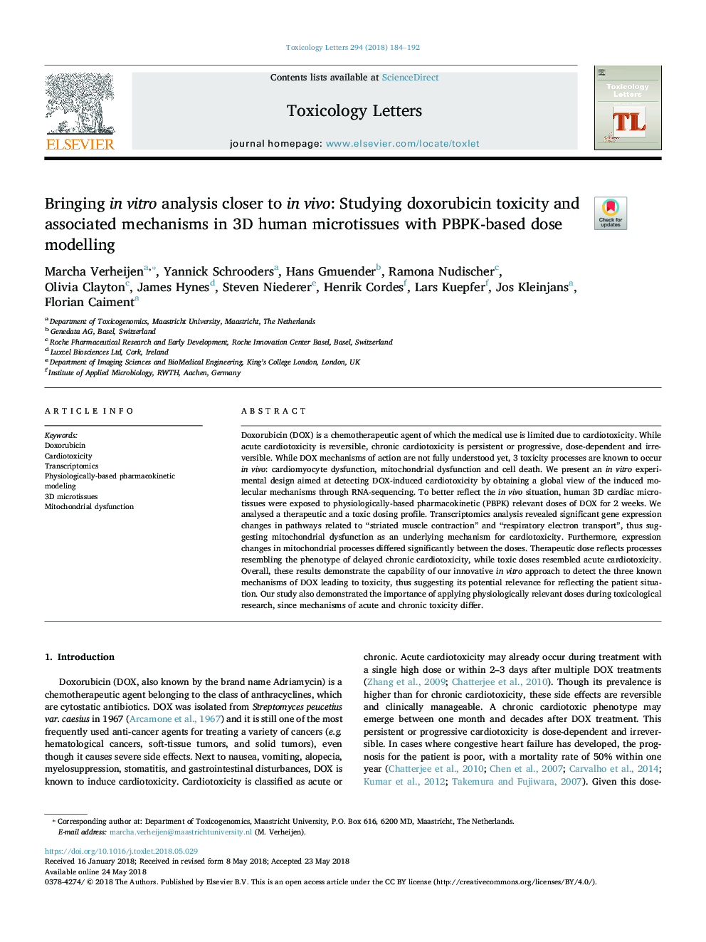 Bringing in vitro analysis closer to in vivo: Studying doxorubicin toxicity and associated mechanisms in 3D human microtissues with PBPK-based dose modelling