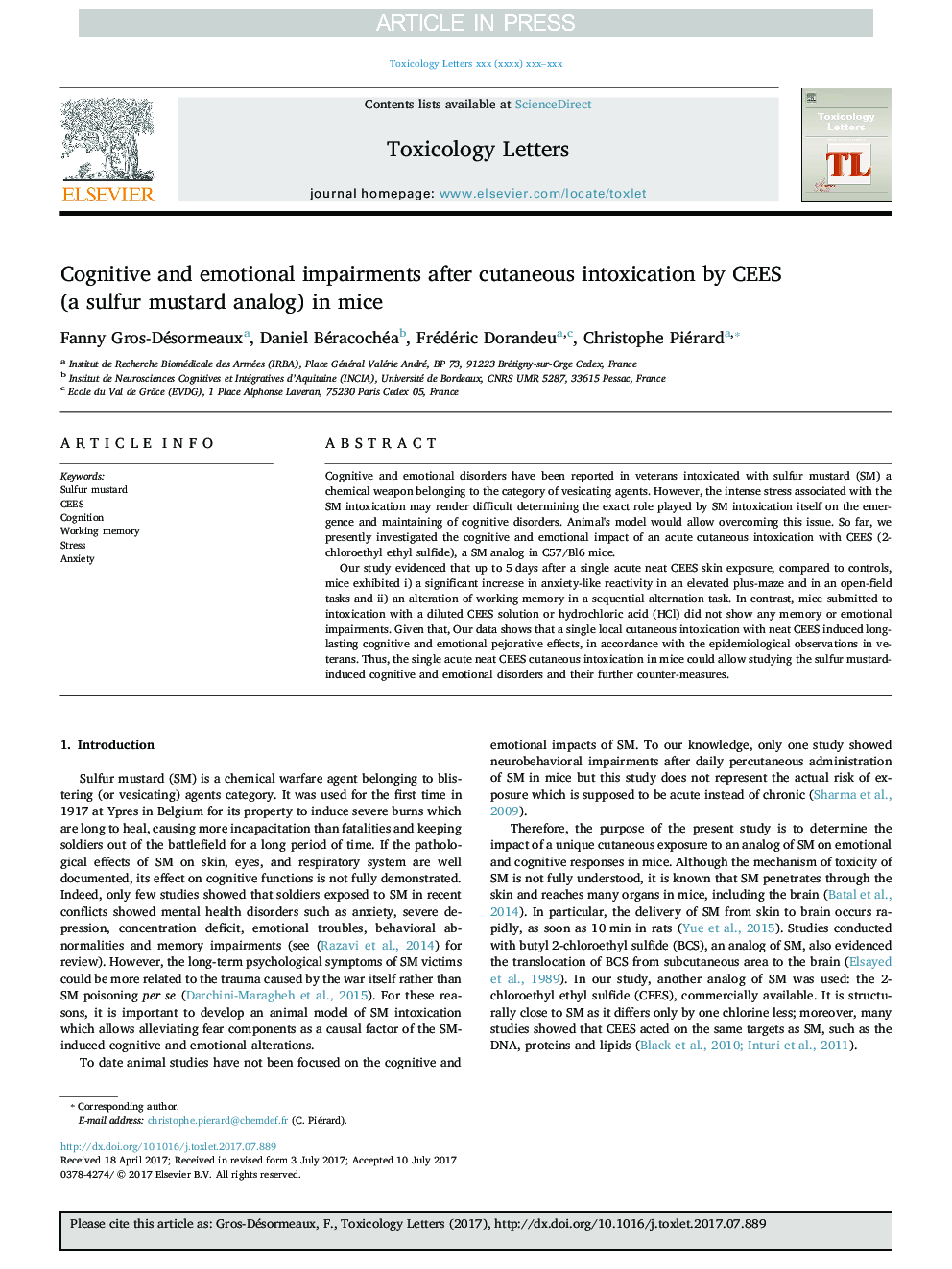 Cognitive and emotional impairments after cutaneous intoxication by CEES (a sulfur mustard analog) in mice