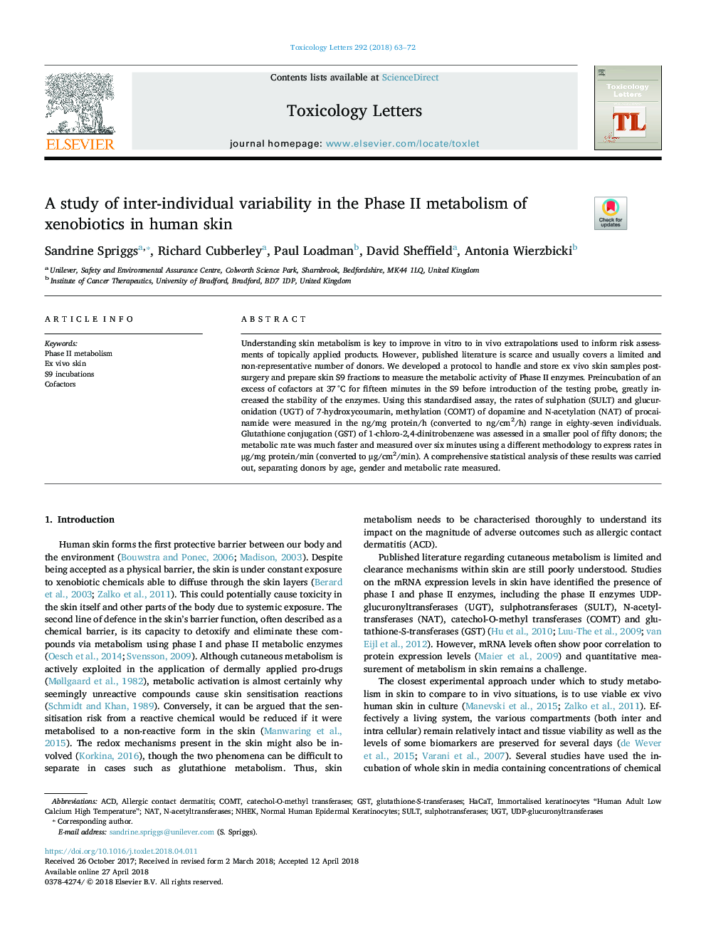 A study of inter-individual variability in the Phase II metabolism of xenobiotics in human skin