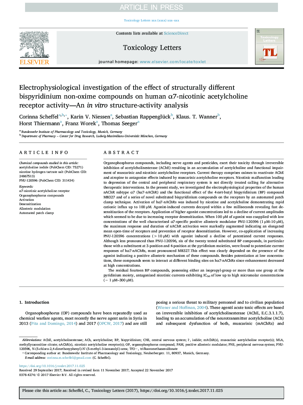 Electrophysiological investigation of the effect of structurally different bispyridinium non-oxime compounds on human Î±7-nicotinic acetylcholine receptor activity-An in vitro structure-activity analysis