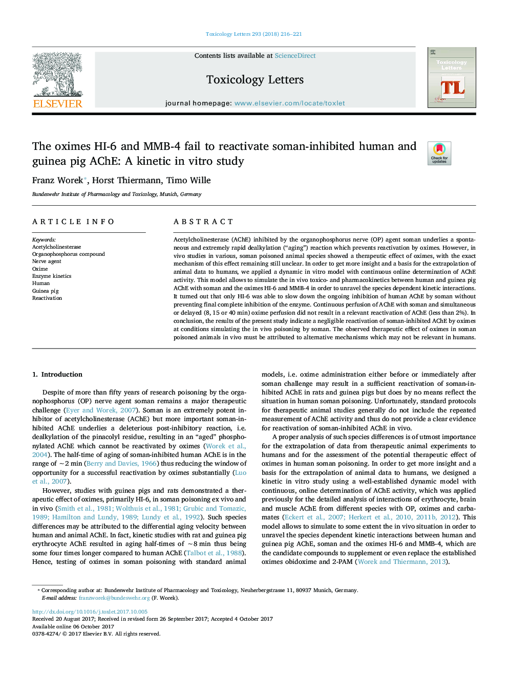 The oximes HI-6 and MMB-4 fail to reactivate soman-inhibited human and guinea pig AChE: A kinetic in vitro study