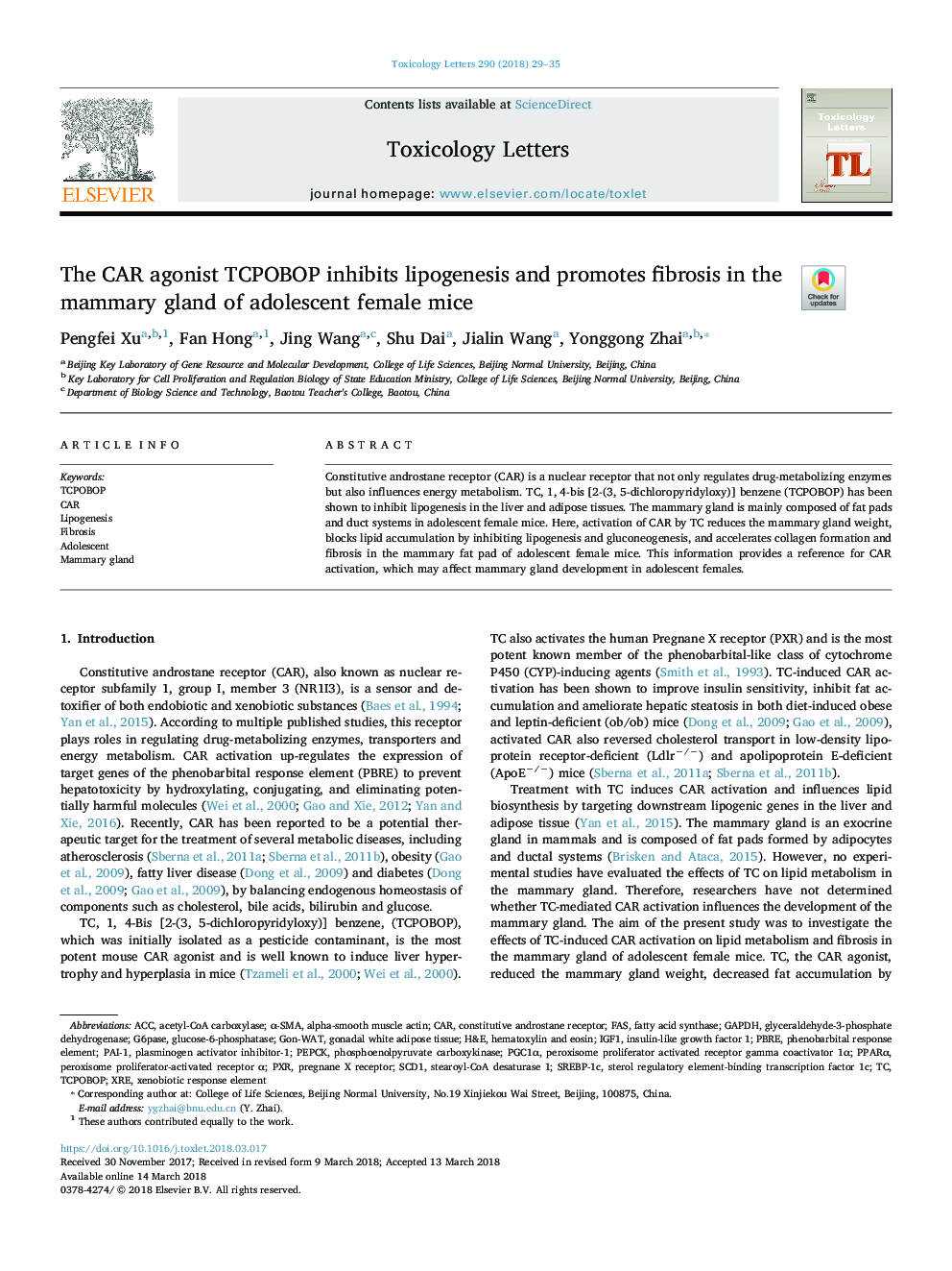 The CAR agonist TCPOBOP inhibits lipogenesis and promotes fibrosis in the mammary gland of adolescent female mice