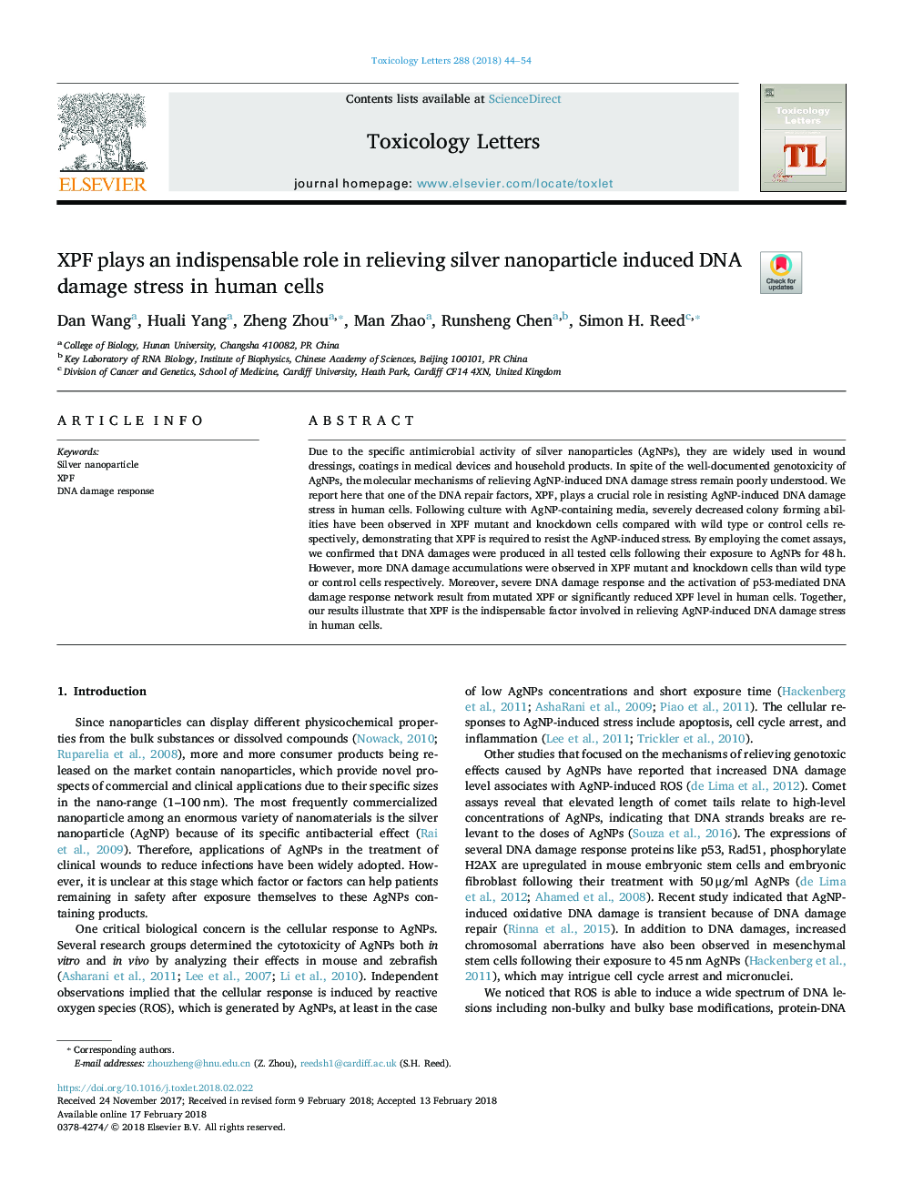 XPF plays an indispensable role in relieving silver nanoparticle induced DNA damage stress in human cells