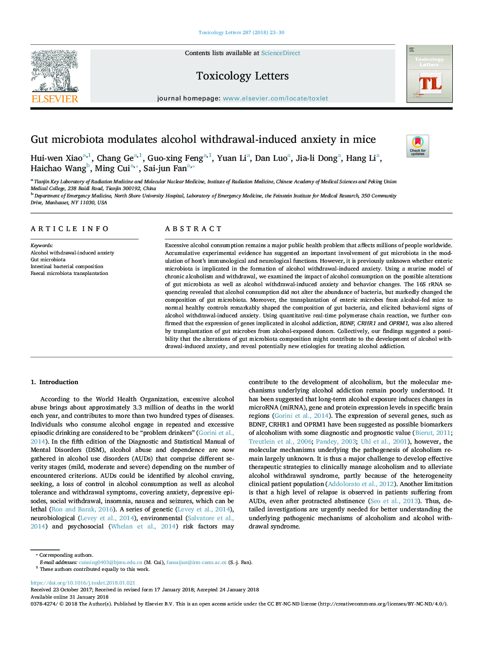 Gut microbiota modulates alcohol withdrawal-induced anxiety in mice