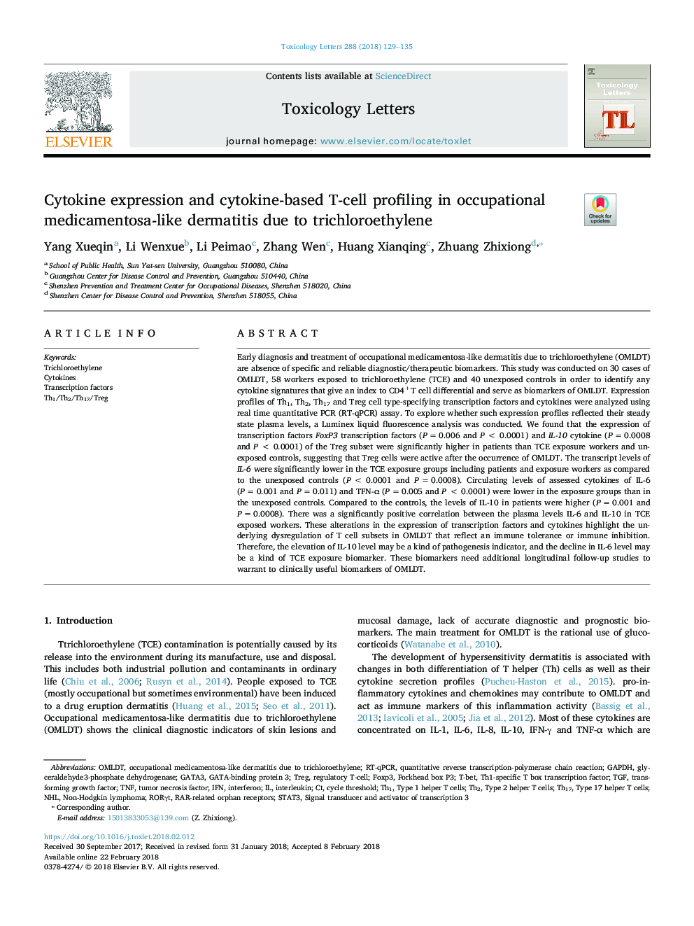 Cytokine expression and cytokine-based T-cell profiling in occupational medicamentosa-like dermatitis due to trichloroethylene