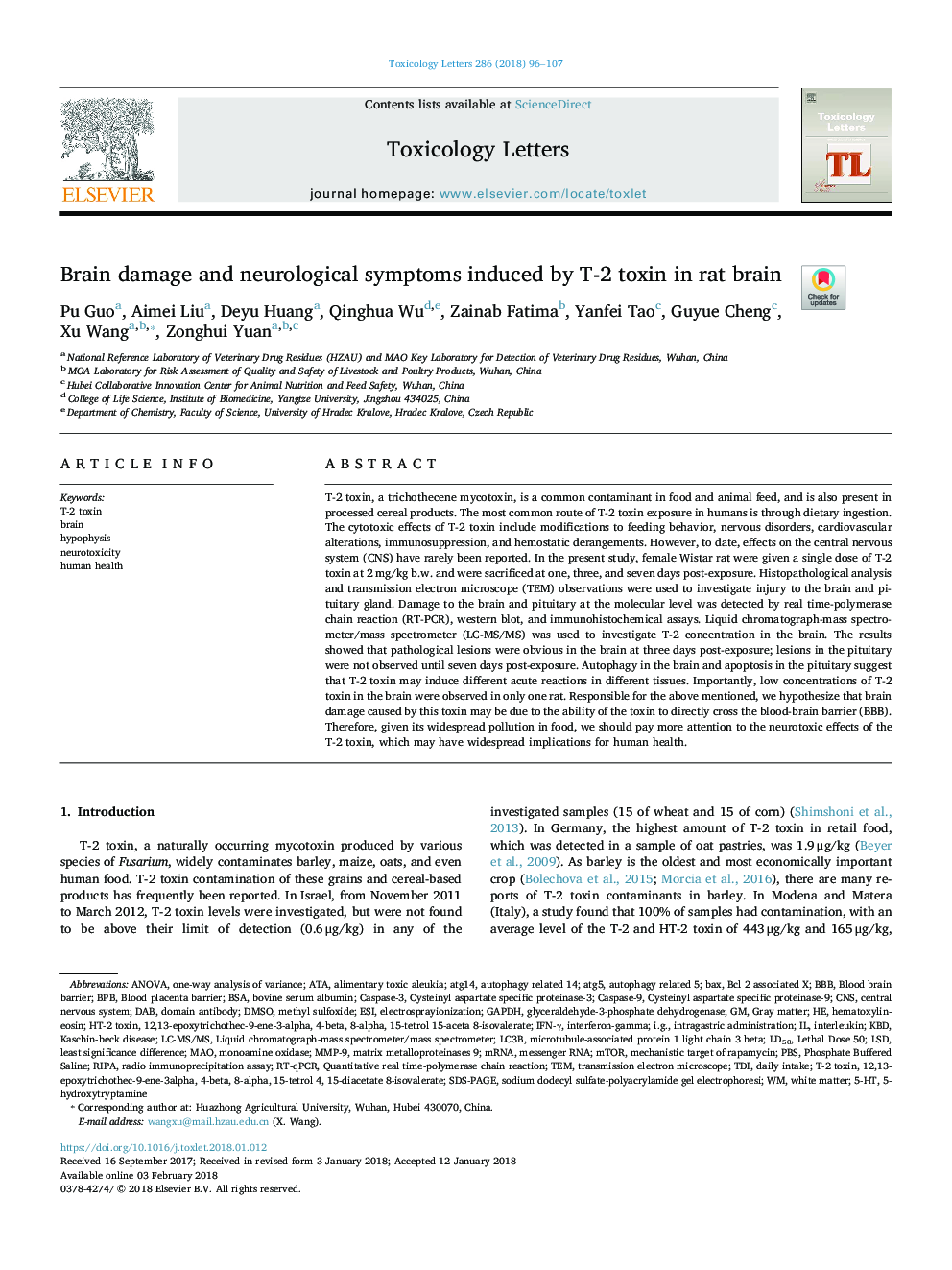 Brain damage and neurological symptoms induced by T-2 toxin in rat brain