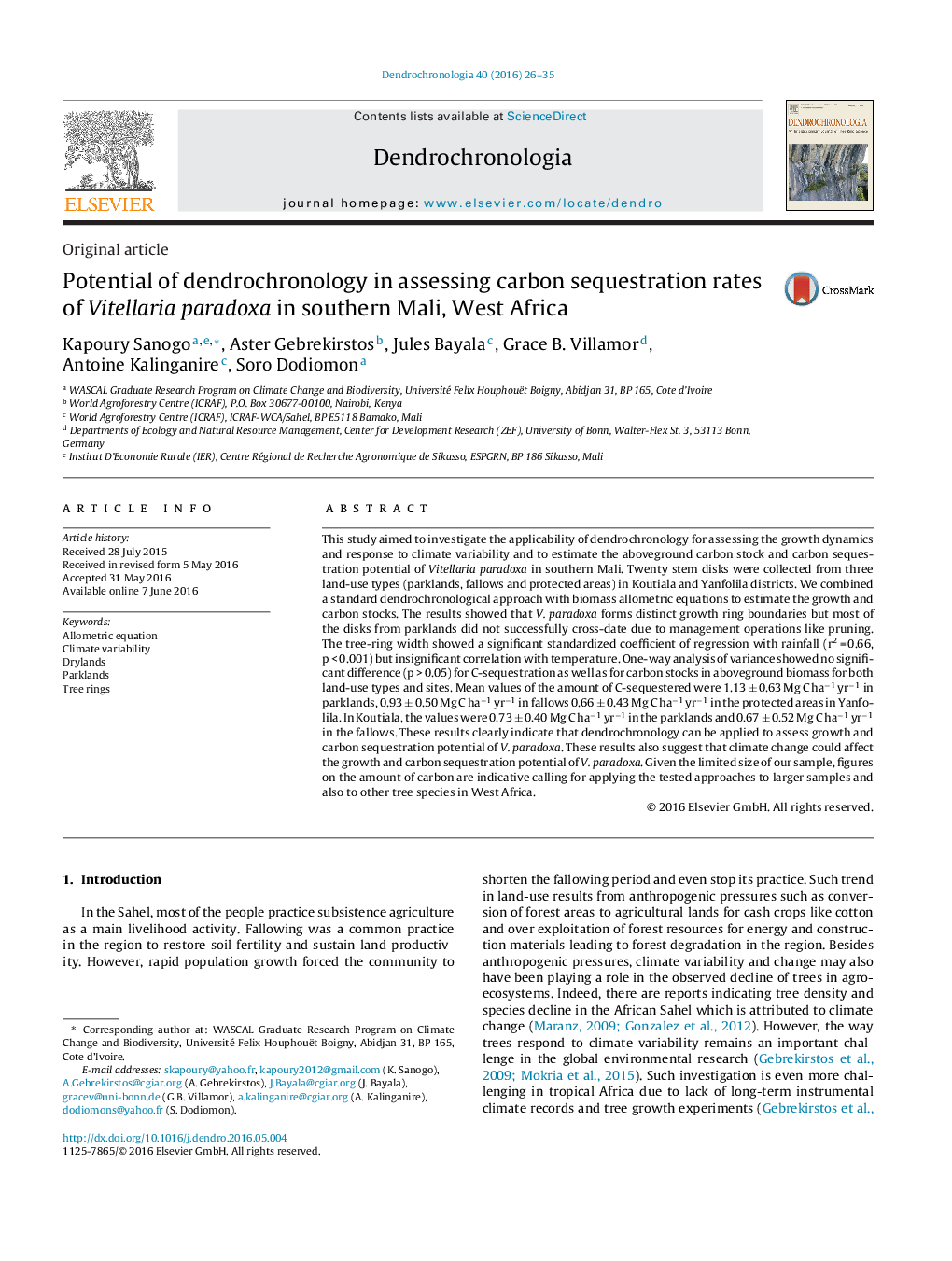 Potential of dendrochronology in assessing carbon sequestration rates of Vitellaria paradoxa in southern Mali, West Africa