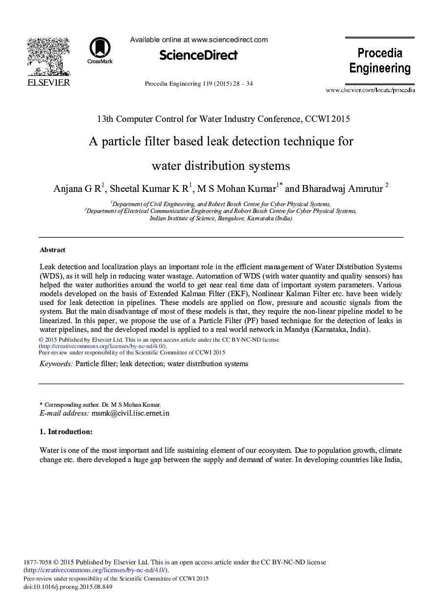 A Particle Filter Based Leak Detection Technique for Water Distribution Systems 