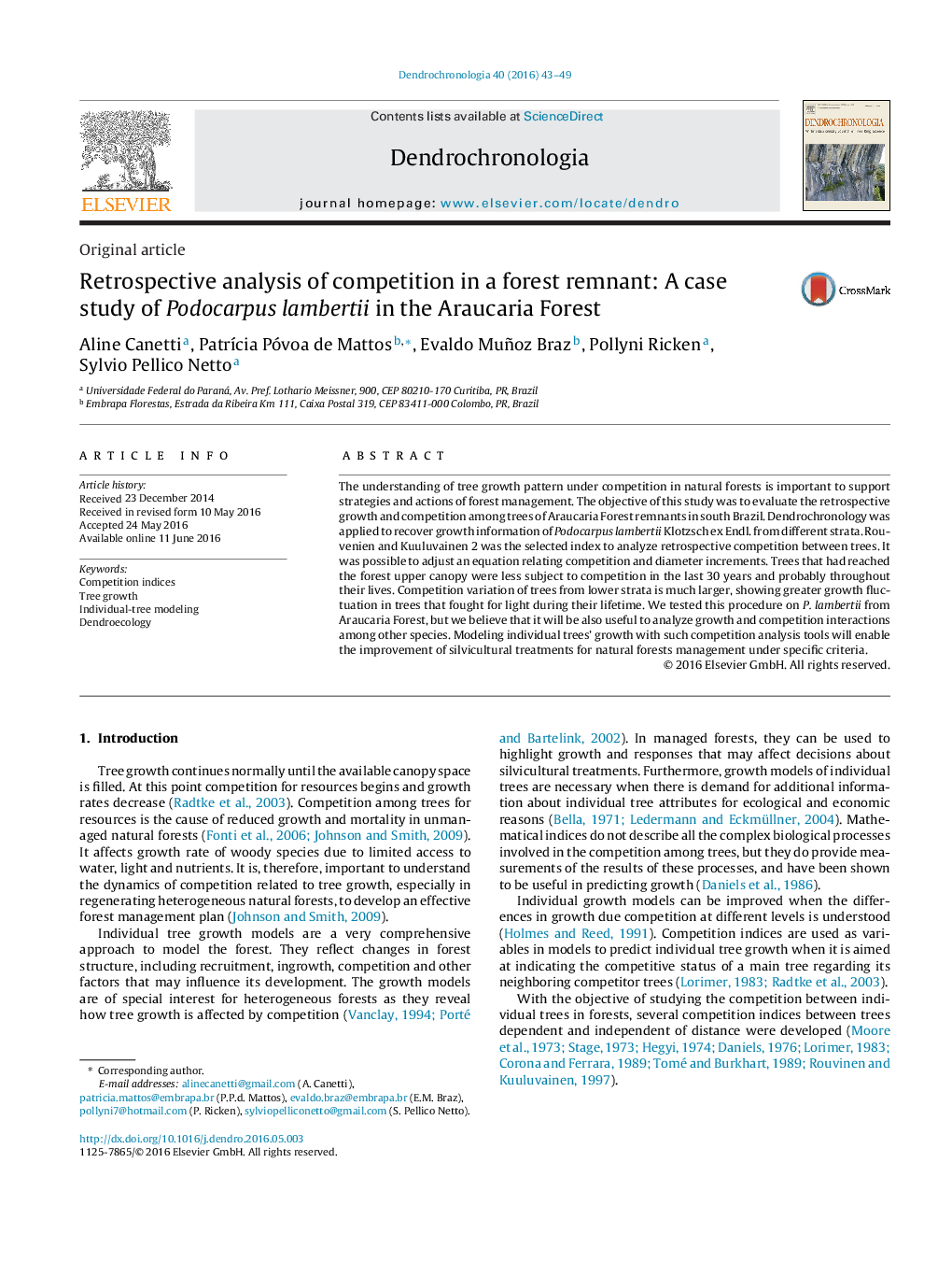 Retrospective analysis of competition in a forest remnant: A case study of Podocarpus lambertii in the Araucaria Forest