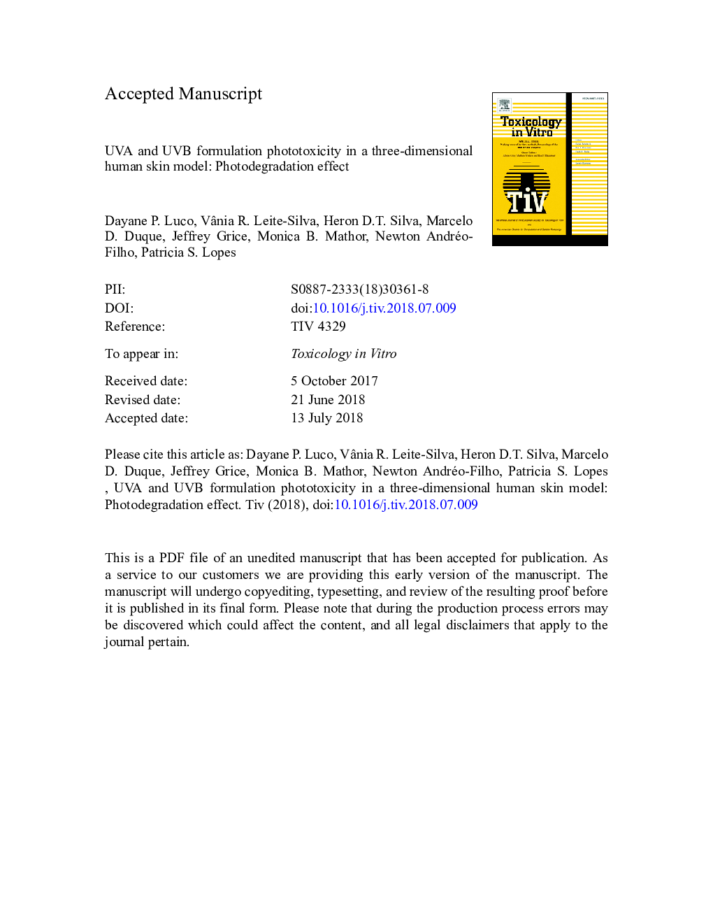 UVA and UVB formulation phototoxicity in a three-dimensional human skin model: Photodegradation effect