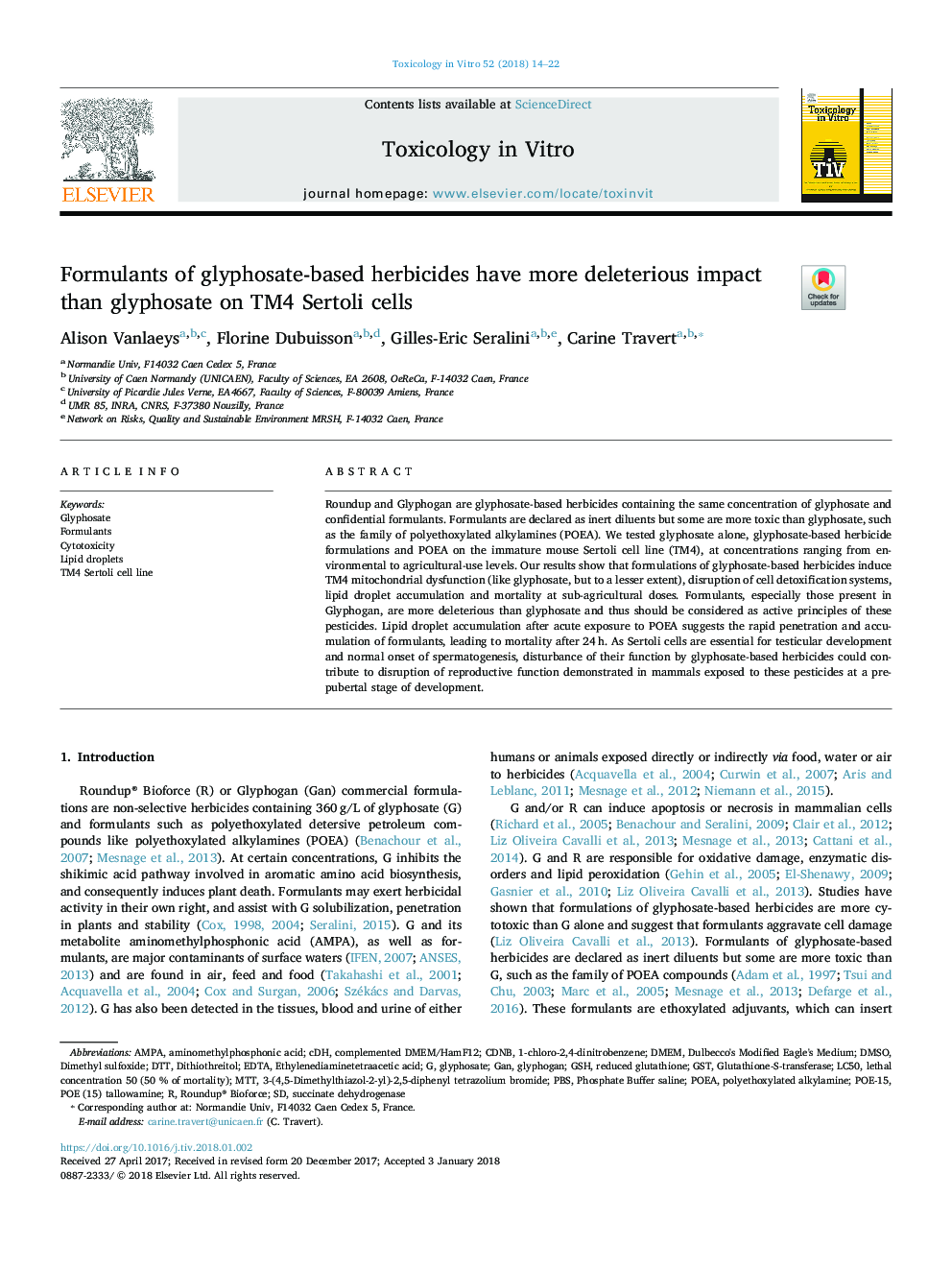 Formulants of glyphosate-based herbicides have more deleterious impact than glyphosate on TM4 Sertoli cells